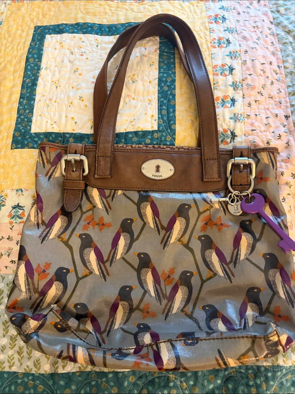 Fossil Keyper Bird-Print Tote with Leather Trim